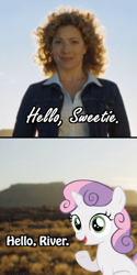 Size: 400x800 | Tagged: safe, sweetie belle, human, pony, unicorn, doctor who, female, filly, human female, joke, pun, river song, silly