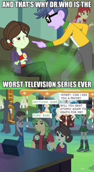 Size: 600x1100 | Tagged: safe, screencap, cherry crash, microchips, nolan north, sandalwood, scott green, sophisticata, wiz kid, equestria girls, perfect day for fun, rainbow rocks, background human, care root, doctor who, eco kid insults, image macro, meme