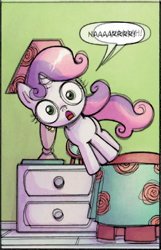 Size: 422x657 | Tagged: safe, idw, sweetie belle, bed, comic, falling, juxtaposition