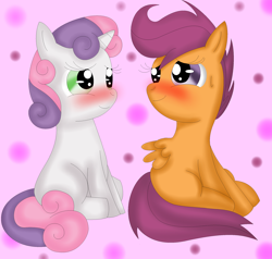 Size: 2224x2120 | Tagged: safe, artist:rachelsrandomart, scootaloo, sweetie belle, blushing, female, lesbian, scootabelle, shipping