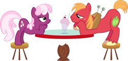 Size: 8384x4000 | Tagged: safe, artist:jeatz-axl, big macintosh, cheerilee, earth pony, pony, hearts and hooves day (episode), absurd resolution, cheerimac, eye contact, hearts and hooves day, male, milkshake, shipping, simple background, stallion, straight, table, transparent background, vector