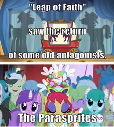 Size: 500x554 | Tagged: safe, edit, edited screencap, screencap, amethyst star, daisy, donny, flam, flim, flower wishes, sparkler, parasprite, pony, leap of faith, background pony, bandaged horn, flim flam brothers, meme, parasprite hat, theodore donald "donny" kerabatsos