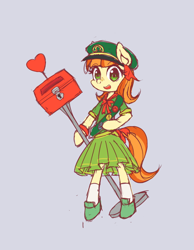Size: 600x775 | Tagged: safe, artist:luciferamon, tag-a-long, earth pony, pony, semi-anthro, bipedal, clothes, donation box, female, filly, filly guides, filly scouts, girl scout, simple background, solo, thin mint