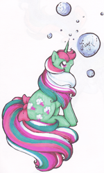 Size: 1403x2346 | Tagged: safe, artist:january-joy, fizzy, g1, bubble, simple background, solo, tail bow