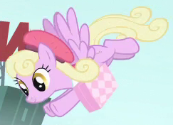 Size: 243x176 | Tagged: safe, screencap, luckette, pegasus, pony, rarity takes manehattan, flying, hat, solo, suitcase