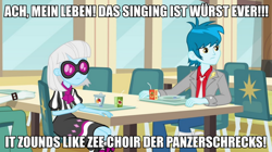 Size: 1000x558 | Tagged: safe, screencap, photo finish, scott green, thunderbass, equestria girls, background human, gratuitous german, image macro, meme, photo finish insults, umlaut