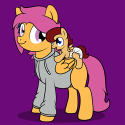 Size: 1280x1280 | Tagged: safe, artist:fillyscoots42, scootaloo, oc, oc:lightning blitz, pegasus, pony, baby, baby pony, colt, diaper, duo, female, foal, male, mother and child, mother and son, motherly scootaloo, offspring, older, older scootaloo, parent and child, parent:rain catcher, parent:scootaloo, parents:catcherloo, ponies riding ponies, purple background, simple background