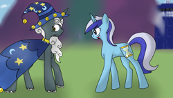 Size: 1024x576 | Tagged: safe, artist:chezamoon18, doctor whooves, minuette, star swirl the bearded, the doctoress, blurry background, commission, commissioner:alkonium, hat, rule 63, tardis, wizard hat, wizard robe