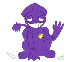 Size: 1200x1000 | Tagged: safe, artist:tezcatl-ayauhtli, oc, oc only, griffon, crossover, five nights at freddy's, five nights at freddy's 2, grin, purple gryphon, purple man (fnaf), security guard, simple background, sitting, solo, transparent background, waving