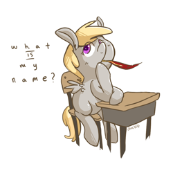 Size: 1000x1000 | Tagged: safe, artist:chockie, chirpy hooves, chair, desk, feather, filly, quill, solo, thinking