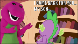 Size: 646x366 | Tagged: safe, spike, dragon, barney, barney the dinosaur, hilarious in hindsight, image macro, meme