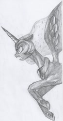 Size: 645x1240 | Tagged: safe, artist:kulturschock, nightmare moon, fangs, monochrome, pencil drawing, solo, traditional art