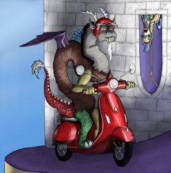 Size: 5000x5057 | Tagged: safe, artist:stormcrow-42, discord, absurd resolution, moped, royal guard, upside down, vespa