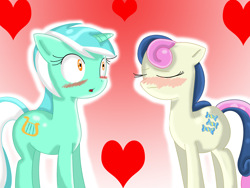 Size: 3064x2304 | Tagged: safe, artist:rachelsrandomart, bon bon, lyra heartstrings, sweetie drops, blushing, female, heart, lesbian, lyrabon, shipping