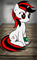 Size: 1000x1600 | Tagged: safe, artist:koshakevich, oc, oc only, oc:blackjack, pony, unicorn, fallout equestria, fallout equestria: project horizons, animated, blinking, cutie mark, fanfic, fanfic art, female, gif, hooves, horn, mare, pipbuck, sitting, smiling, solo, vector