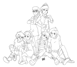 Size: 2300x1975 | Tagged: safe, artist:mono-phos, apple bloom, babs seed, diamond tiara, scootaloo, silver spoon, sweetie belle, human, cutie mark crusaders, group, group picture, group shot, humanized, monochrome