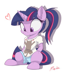 Size: 900x981 | Tagged: dead source, safe, artist:mistydash, twilight sparkle, pony, unicorn, clothes, female, heart, mare, ponytail, shirt, solo