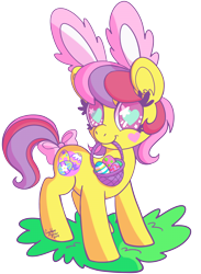 Size: 2200x3000 | Tagged: safe, artist:dolcisprinkles, g3, basket, bow, bunny ears, easter, easter egg, heart eyes, mouth hold, simple background, skedoodle, solo, tail bow, transparent background, wingding eyes