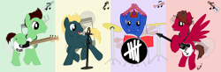 Size: 1520x500 | Tagged: safe, artist:karmadash, penguin, 5 seconds of summer, band, drums, guitar, microphone, ponified