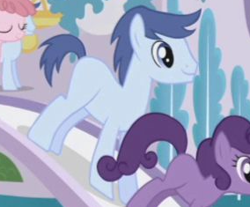 Size: 284x235 | Tagged: safe, screencap, dusky grape, earth pony, pony, the ticket master, background pony, blank flank, klein, male, pink cloud (character), solo focus, stallion