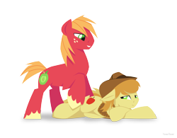 Size: 1280x1000 | Tagged: safe, artist:hoverrover, big macintosh, braeburn, earth pony, pony, braemac, colored hooves, cowboy hat, cutie mark, floppy ears, gay, hat, hooves, incest, lineless, lying down, male, shipping, simple background, smiling, stallion, standing, teeth, transparent background