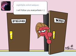 Size: 1086x800 | Tagged: safe, artist:fractiouslemon, oc, oc only, oc:pun, earth pony, ask, ask pun, bathroom door, female, following, frown, mare, solo, stalking, toilet, tumblr