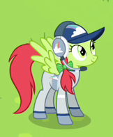 Size: 162x197 | Tagged: safe, screencap, pegasus, pony, rainbow falls, background pony, cropped, female, hat, headphones, mare, peachy swoop, solo