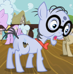 Size: 552x563 | Tagged: safe, screencap, chelsea porcelain, geri, mr. waddle, earth pony, pony, the mysterious mare do well, bowtie, cropped, elderly, glasses, liver spots, male, open mouth, solo focus, stallion