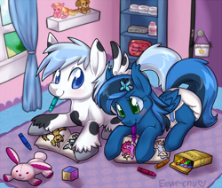 Size: 830x703 | Tagged: safe, artist:ambunny, oc, oc only, oc:midnight shadows, oc:snow blitz, coloring, crayons, diaper, midblitz, plushie, poofy diaper, toy