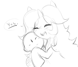 Size: 500x431 | Tagged: safe, artist:moonseeker, oc, oc:sketchy skylar, crossover, eyes closed, hug, kirby, kirby (character), monochrome, open mouth, sketch, smiling