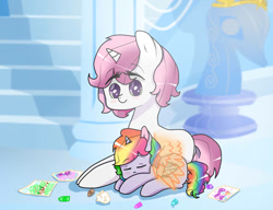 Size: 1300x1000 | Tagged: safe, artist:mlpfimcp, oc, oc only, oc:chocolate rain, oc:melody, pegasus, pony, unicorn, artificial wings, augmented, female, foal, hug, lesbian, magic, magic wings, magical lesbian spawn, offspring, parent:pinkie pie, parent:rainbow dash, parent:scootaloo, parent:sweetie belle, parents:pinkiedash, parents:scootabelle, rainbow hair, sleeping, winghug, wings