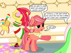 Size: 3200x2400 | Tagged: safe, artist:violetclm, drama letter, fiesta flair, pepperdance, watermelody, equestria girls, g3, background human, bandana, bow, cinco de mayo, clothes, dialogue, dress, equestria girls ponified, g3 to g4, generation leap, get out, maracas, musical instrument, ponified