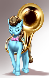 Size: 1471x2308 | Tagged: safe, artist:mykegreywolf, beauty brass, bowtie, eyes closed, musical instrument, shiny, solo, sousaphone, tuba