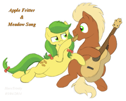 Size: 817x658 | Tagged: safe, artist:haretrinity, apple fritter, meadow song, apple family member, feeding, female, guitar, male, meadowfritter, shipping, straight