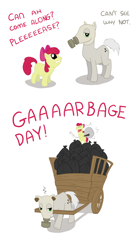 Size: 1500x2709 | Tagged: artist needed, safe, apple bloom, oc, cart, garbage day, garbage pony, trash