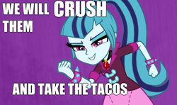 Size: 874x518 | Tagged: safe, edit, screencap, sonata dusk, equestria girls, rainbow rocks, food, meme, taco, text edit