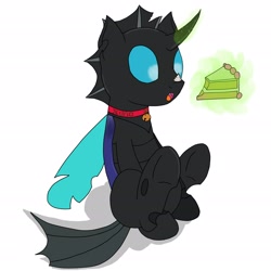 Size: 2480x2480 | Tagged: safe, artist:featherscratch, oc, oc only, oc:kuno, changeling, bell, bell collar, cake, changeling oc, collar, cute, cuteling, female, solo