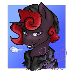 Size: 1500x1500 | Tagged: safe, artist:mixed media, oc, oc only, oc:savoir strut, pony, unicorn, beanie, bedroom eyes, bust, clothes, colored, cute, digital art, fashion, grin, handsome, hat, looking at you, male, portrait, smirk, stallion, winter