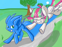 Size: 500x375 | Tagged: safe, artist:indiefoxtail, blossomforth, oc, oc:sonic dash, earth pony, pegasus, pony, crossover, ponified, race, sonic the hedgehog, sonic the hedgehog (series)