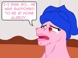 Size: 640x480 | Tagged: safe, artist:aha-mccoy, oc, oc only, oc:helga starkehuf, earth pony, pony, nopony-ask-mclovin, female, mare, offscreen character, solo, speech bubble, teary eyes, towel