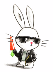 Size: 2589x3573 | Tagged: safe, artist:creativsven, angel bunny, carrot, clothes, jacket, leather jacket, solo, sunglasses, traditional art