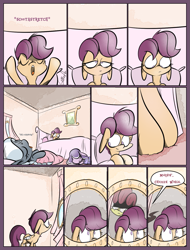 Size: 1235x1625 | Tagged: safe, artist:slitherpon, apple bloom, diamond tiara, scootaloo, silver spoon, alternate universe, comic, mirror, moody mark crusaders, sleeping, waking up