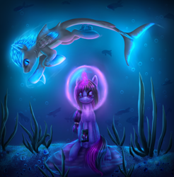 Size: 1828x1860 | Tagged: safe, artist:9de-light6, oc, oc only, original species, shark pony, glow, glowing horn, magic, smiling, underwater