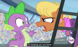 Size: 957x581 | Tagged: safe, screencap, ms. harshwhinny, spike, dragon, equestria games (episode), all new, female, hub logo, i need an adult, male, meme, shipping, slavery, spikewhinny, stage fright, straight, youtube caption