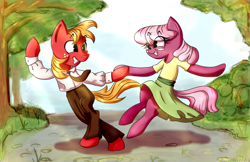 Size: 1576x1023 | Tagged: safe, artist:sigmanas, big macintosh, cheerilee, earth pony, pony, cheerimac, dancing, jumping, lindy hop, male, shipping, stallion, straight, щщоки