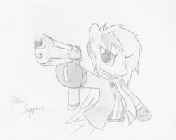 Size: 1002x798 | Tagged: safe, artist:kenfkol, oc, oc only, oc:sapphire sights, pegasus, pony, beretta, clothes, gun, monochrome, pistol, solo, suit