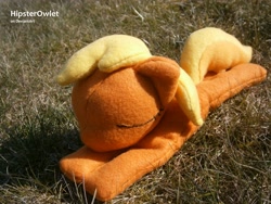 Size: 4288x3216 | Tagged: safe, artist:hipsterowlet, apple cobbler, apple family member, beanie (plushie), custom, grass, irl, lying, not applejack, photo, plushie, solo