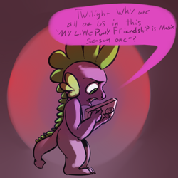 Size: 1024x1024 | Tagged: safe, artist:imsokyo, spike, dragon, daily life of spike, dialogue, fourth wall, male, paradox, solo, tumblr