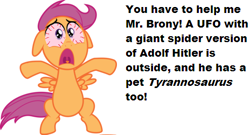 Size: 464x250 | Tagged: safe, scootaloo, dinosaur, spider, tyrannosaurus rex, adolf hitler, bad trip, bronybait, drugs, hallucination, high, implied weed, mr. brony, scared, solo, text, wat