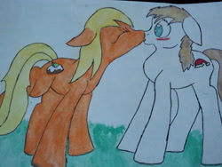 Size: 4000x3000 | Tagged: safe, artist:farnax, artist:justwestofweird, apple cobbler, oc, oc:balooshy, apple family member, canon x oc, female, kissing, male, photo, ponysona, shipping, straight, traditional art